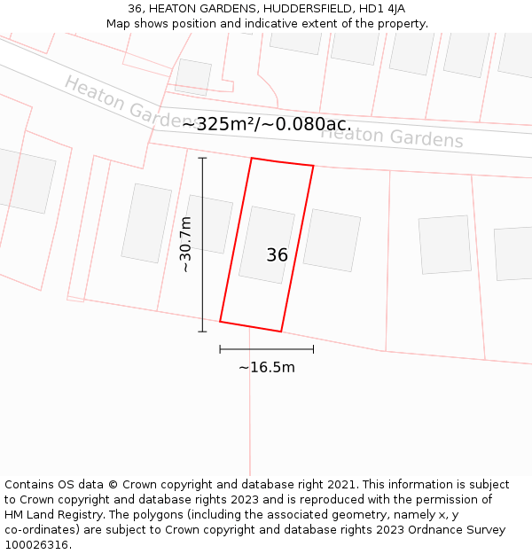 36, HEATON GARDENS, HUDDERSFIELD, HD1 4JA: Plot and title map