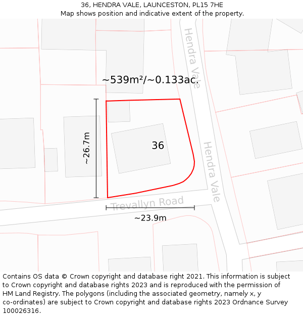 36, HENDRA VALE, LAUNCESTON, PL15 7HE: Plot and title map