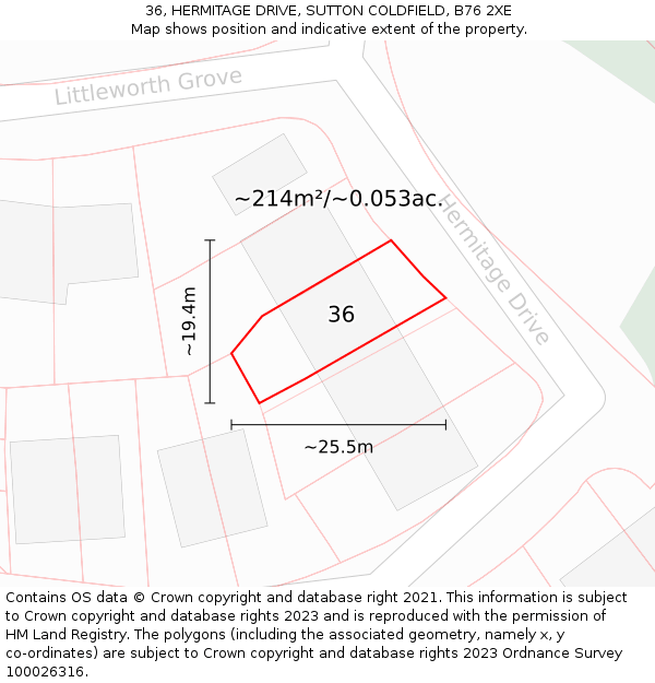 36, HERMITAGE DRIVE, SUTTON COLDFIELD, B76 2XE: Plot and title map