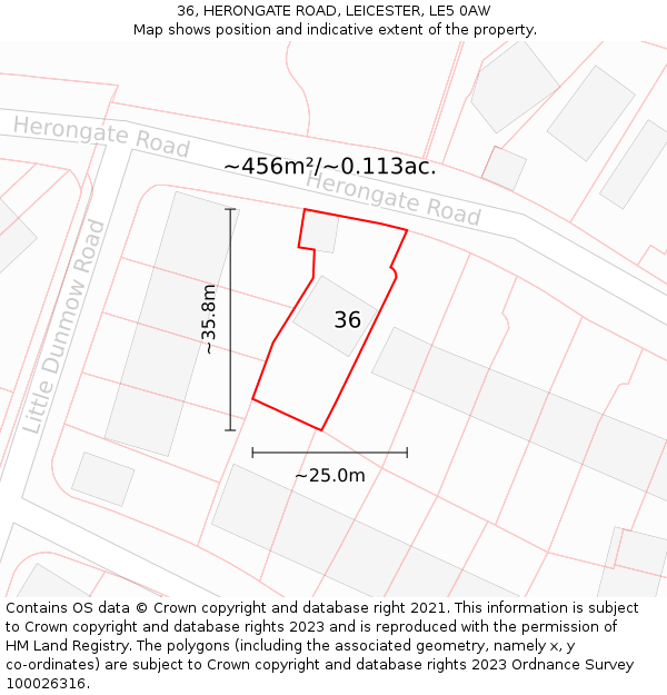 36, HERONGATE ROAD, LEICESTER, LE5 0AW: Plot and title map