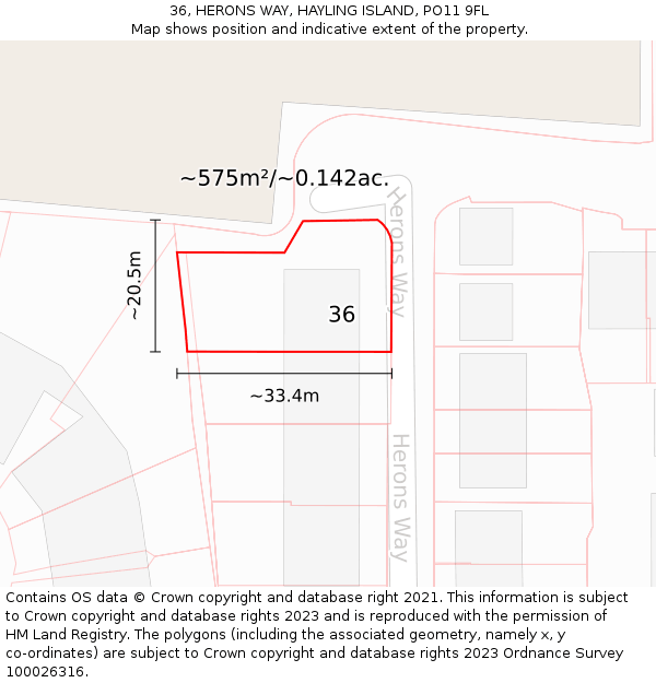 36, HERONS WAY, HAYLING ISLAND, PO11 9FL: Plot and title map