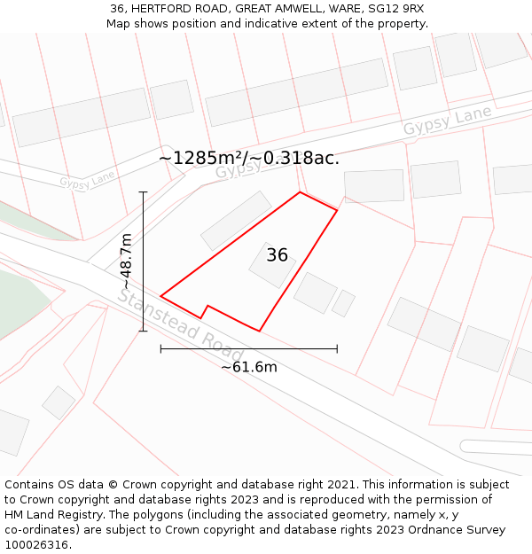 36, HERTFORD ROAD, GREAT AMWELL, WARE, SG12 9RX: Plot and title map