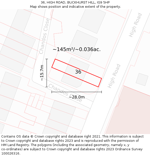 36, HIGH ROAD, BUCKHURST HILL, IG9 5HP: Plot and title map