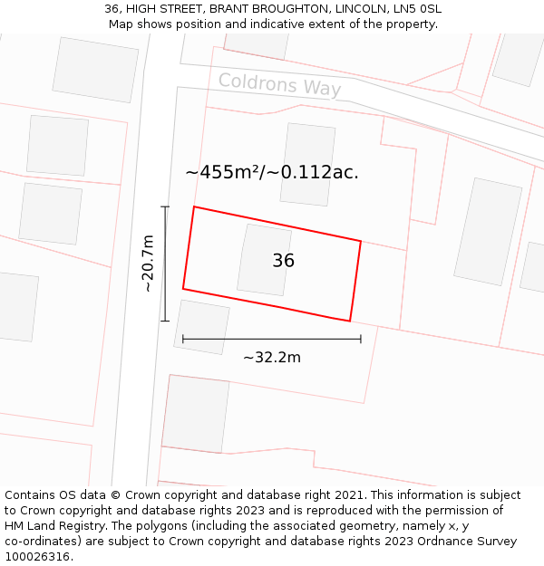 36, HIGH STREET, BRANT BROUGHTON, LINCOLN, LN5 0SL: Plot and title map