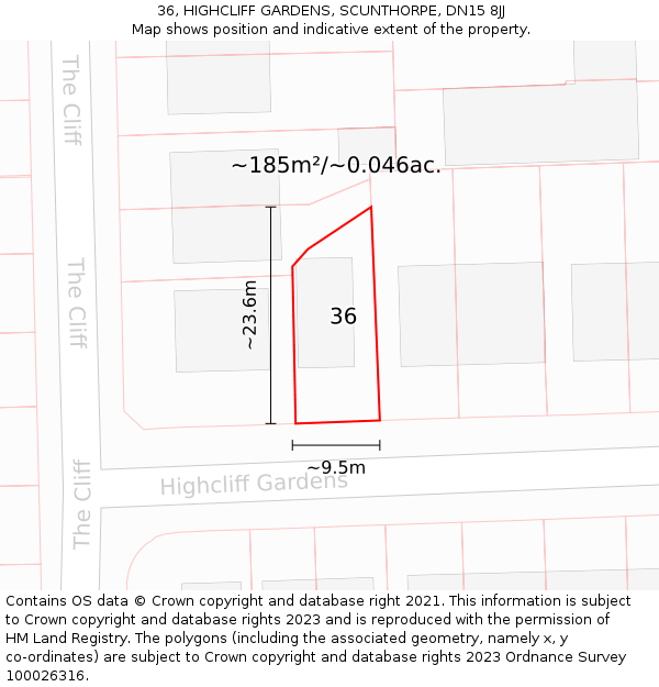 36, HIGHCLIFF GARDENS, SCUNTHORPE, DN15 8JJ: Plot and title map