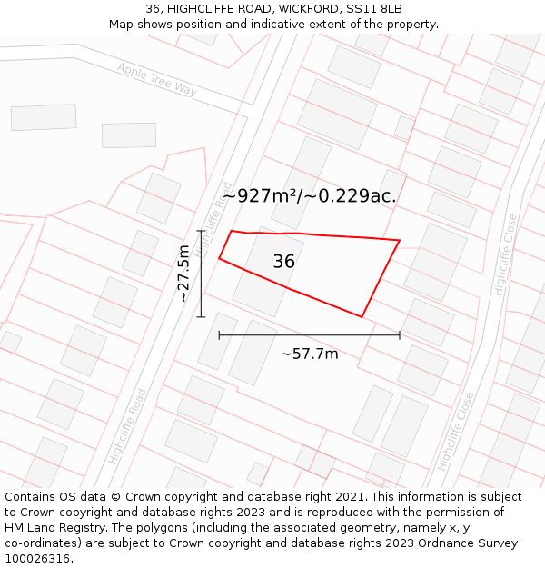 36, HIGHCLIFFE ROAD, WICKFORD, SS11 8LB: Plot and title map