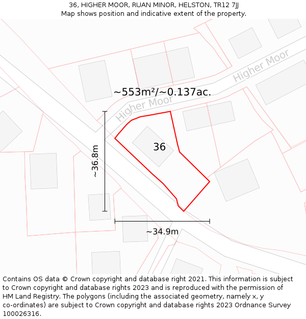 36, HIGHER MOOR, RUAN MINOR, HELSTON, TR12 7JJ: Plot and title map