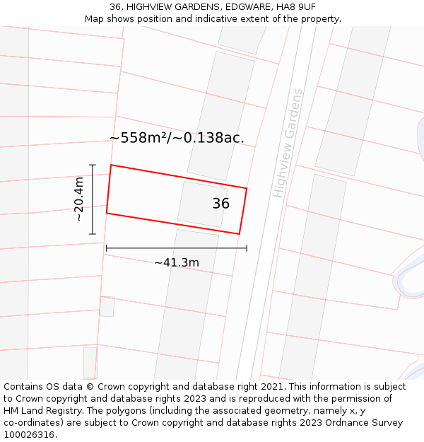 36, HIGHVIEW GARDENS, EDGWARE, HA8 9UF: Plot and title map