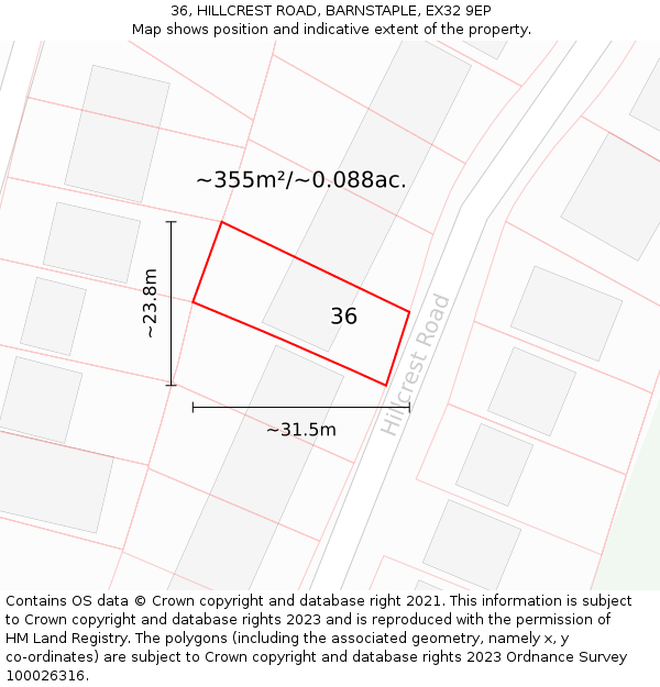 36, HILLCREST ROAD, BARNSTAPLE, EX32 9EP: Plot and title map