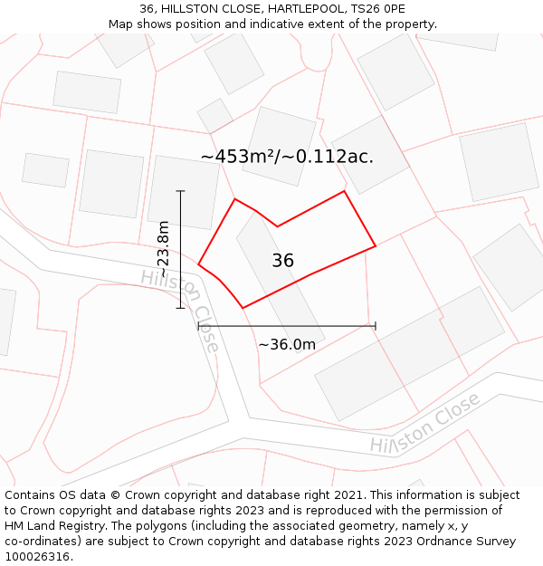 36, HILLSTON CLOSE, HARTLEPOOL, TS26 0PE: Plot and title map