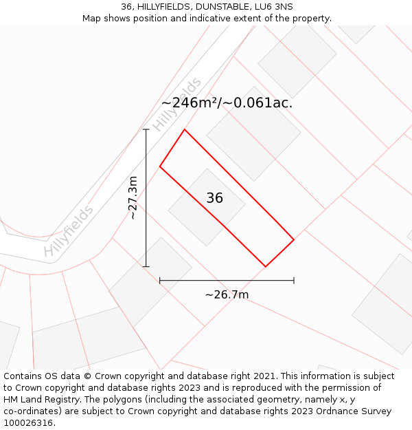 36, HILLYFIELDS, DUNSTABLE, LU6 3NS: Plot and title map