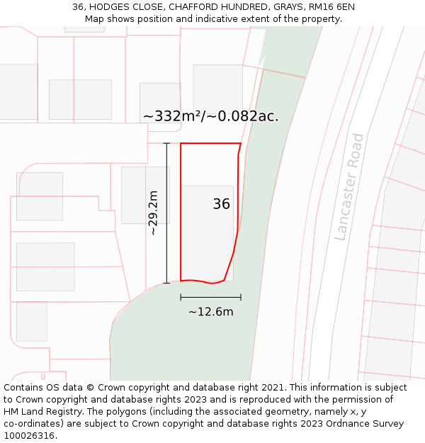 36, HODGES CLOSE, CHAFFORD HUNDRED, GRAYS, RM16 6EN: Plot and title map