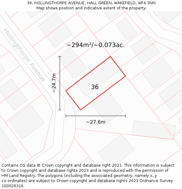 36, HOLLINGTHORPE AVENUE, HALL GREEN, WAKEFIELD, WF4 3NN: Plot and title map