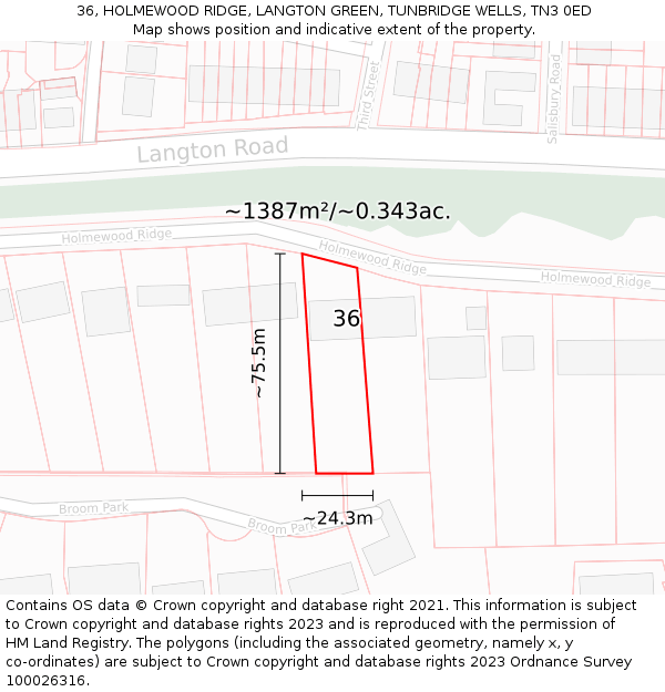 36, HOLMEWOOD RIDGE, LANGTON GREEN, TUNBRIDGE WELLS, TN3 0ED: Plot and title map