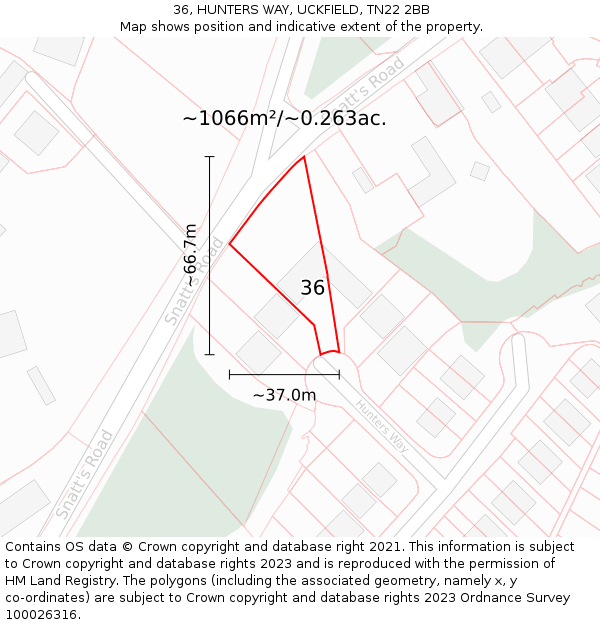 36, HUNTERS WAY, UCKFIELD, TN22 2BB: Plot and title map