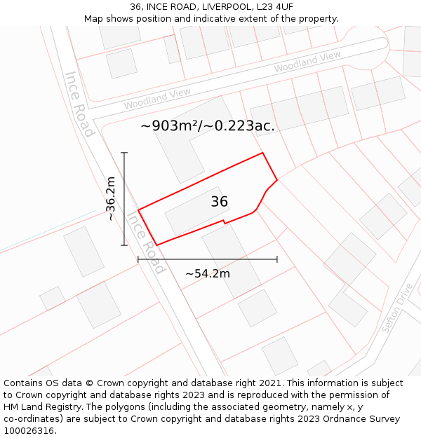 36, INCE ROAD, LIVERPOOL, L23 4UF: Plot and title map