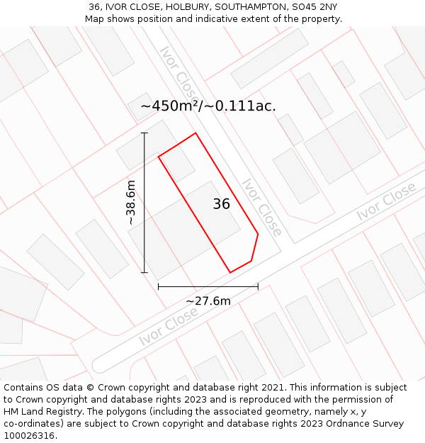 36, IVOR CLOSE, HOLBURY, SOUTHAMPTON, SO45 2NY: Plot and title map