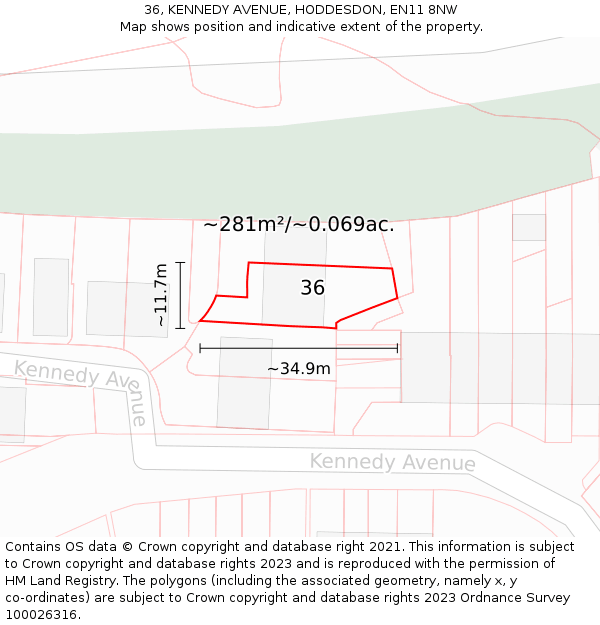 36, KENNEDY AVENUE, HODDESDON, EN11 8NW: Plot and title map