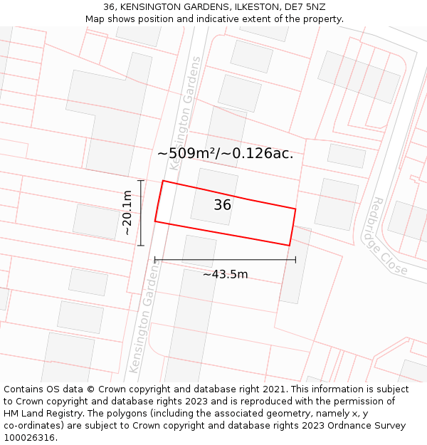 36, KENSINGTON GARDENS, ILKESTON, DE7 5NZ: Plot and title map