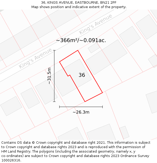 36, KINGS AVENUE, EASTBOURNE, BN21 2PF: Plot and title map