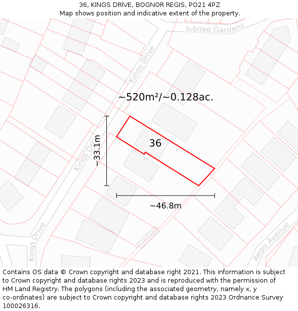 36, KINGS DRIVE, BOGNOR REGIS, PO21 4PZ: Plot and title map