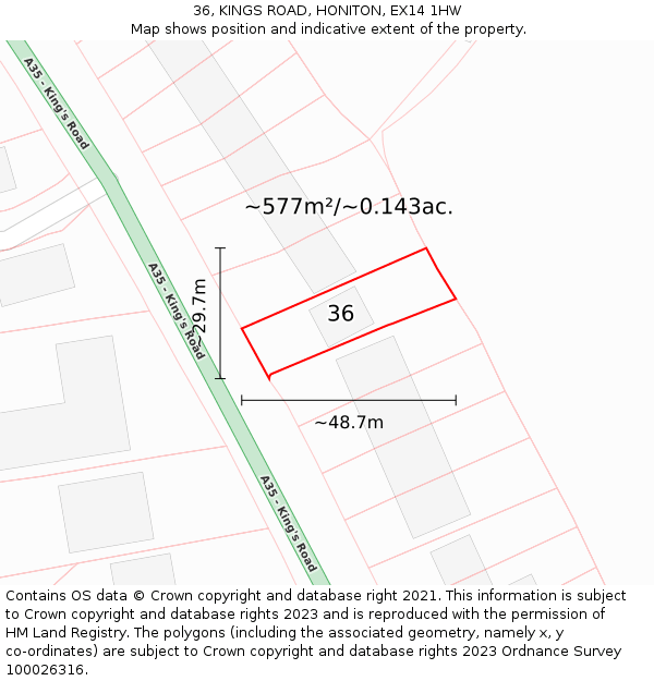 36, KINGS ROAD, HONITON, EX14 1HW: Plot and title map