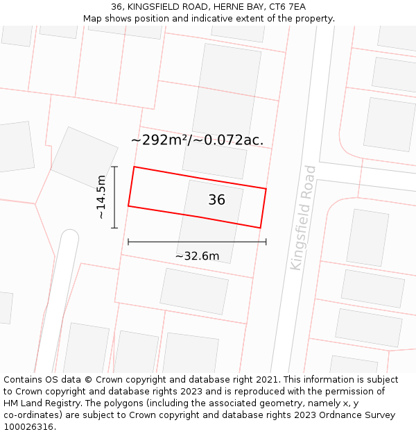 36, KINGSFIELD ROAD, HERNE BAY, CT6 7EA: Plot and title map