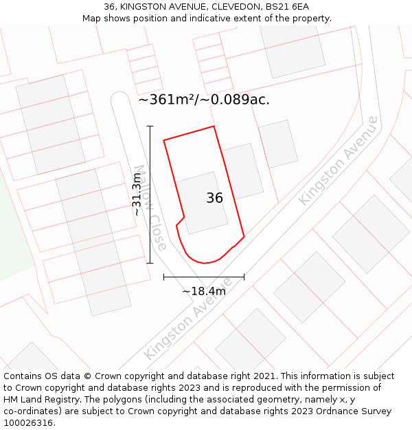 36, KINGSTON AVENUE, CLEVEDON, BS21 6EA: Plot and title map