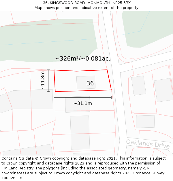 36, KINGSWOOD ROAD, MONMOUTH, NP25 5BX: Plot and title map