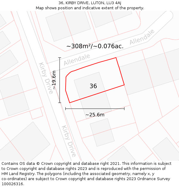 36, KIRBY DRIVE, LUTON, LU3 4AJ: Plot and title map