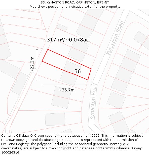 36, KYNASTON ROAD, ORPINGTON, BR5 4JT: Plot and title map