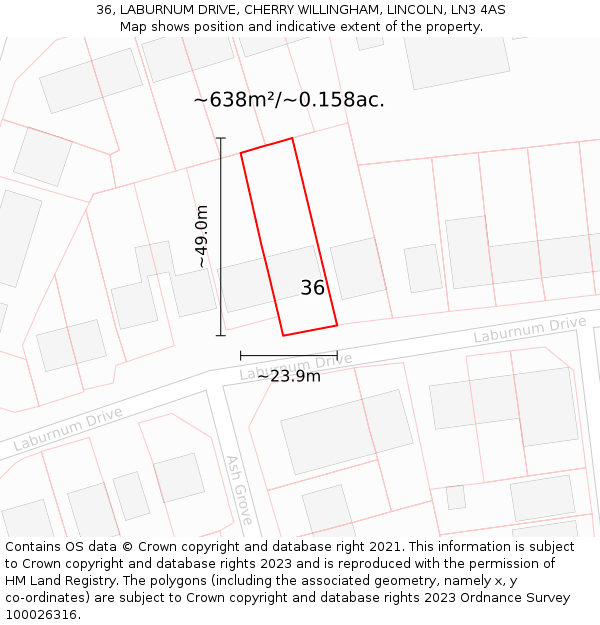 36, LABURNUM DRIVE, CHERRY WILLINGHAM, LINCOLN, LN3 4AS: Plot and title map