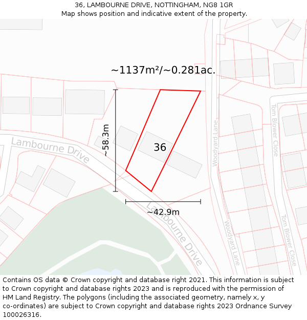 36, LAMBOURNE DRIVE, NOTTINGHAM, NG8 1GR: Plot and title map