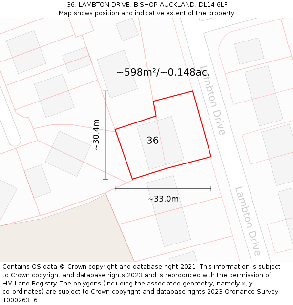 36, LAMBTON DRIVE, BISHOP AUCKLAND, DL14 6LF: Plot and title map