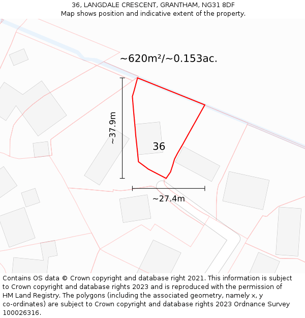 36, LANGDALE CRESCENT, GRANTHAM, NG31 8DF: Plot and title map