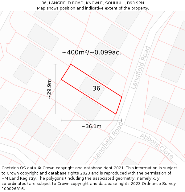 36, LANGFIELD ROAD, KNOWLE, SOLIHULL, B93 9PN: Plot and title map