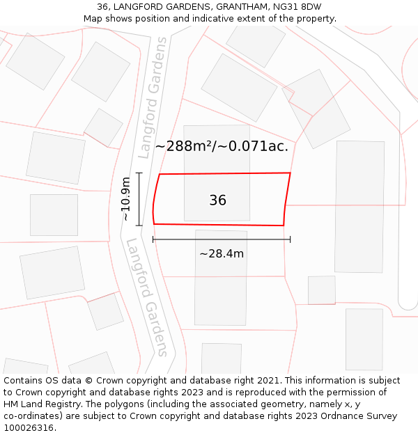 36, LANGFORD GARDENS, GRANTHAM, NG31 8DW: Plot and title map