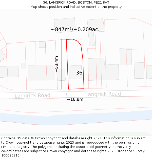 36, LANGRICK ROAD, BOSTON, PE21 8HT: Plot and title map