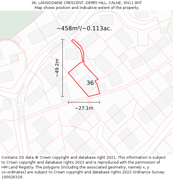 36, LANSDOWNE CRESCENT, DERRY HILL, CALNE, SN11 9NT: Plot and title map