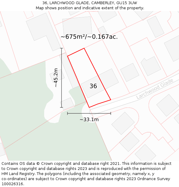 36, LARCHWOOD GLADE, CAMBERLEY, GU15 3UW: Plot and title map