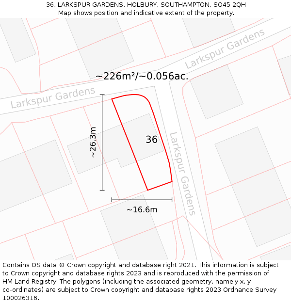 36, LARKSPUR GARDENS, HOLBURY, SOUTHAMPTON, SO45 2QH: Plot and title map