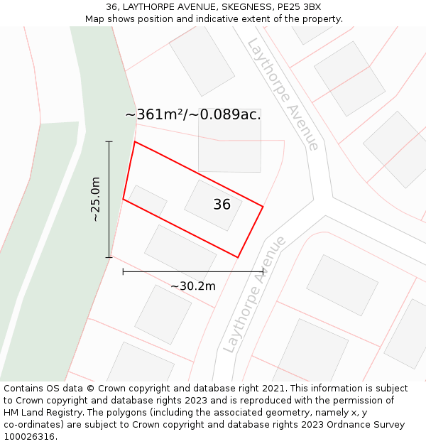 36, LAYTHORPE AVENUE, SKEGNESS, PE25 3BX: Plot and title map