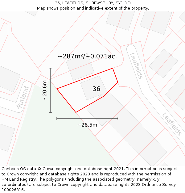 36, LEAFIELDS, SHREWSBURY, SY1 3JD: Plot and title map