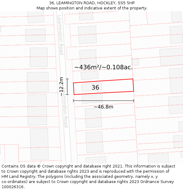 36, LEAMINGTON ROAD, HOCKLEY, SS5 5HP: Plot and title map