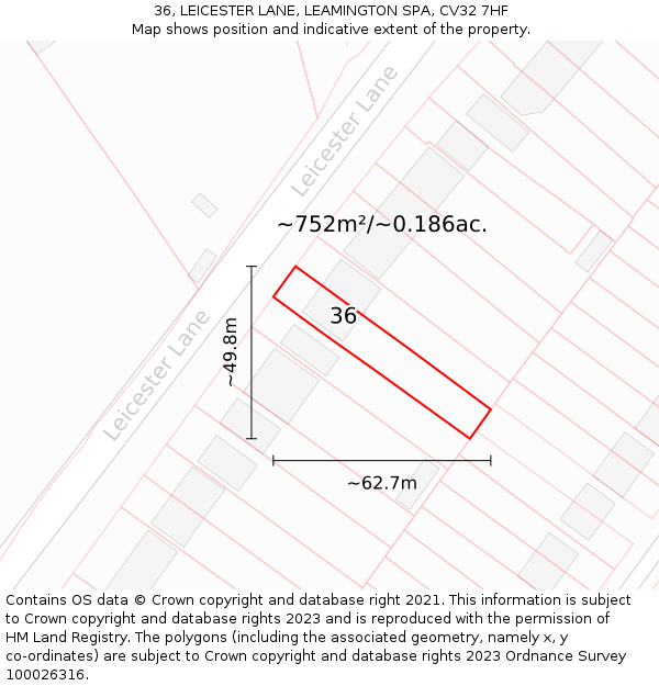 36, LEICESTER LANE, LEAMINGTON SPA, CV32 7HF: Plot and title map