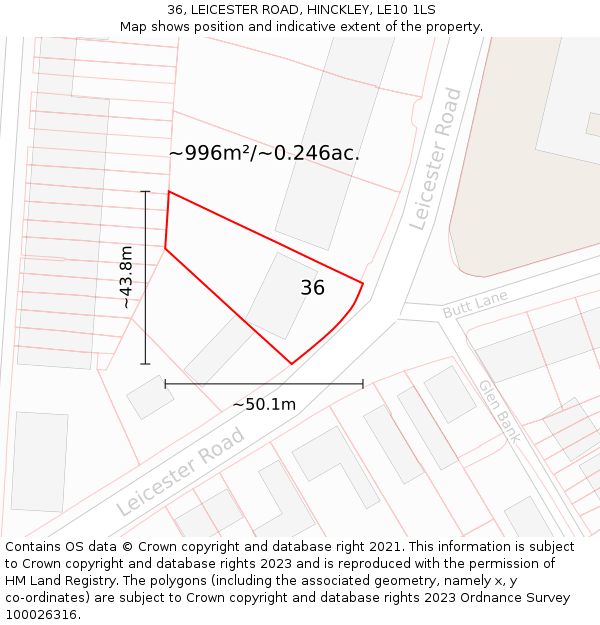 36, LEICESTER ROAD, HINCKLEY, LE10 1LS: Plot and title map