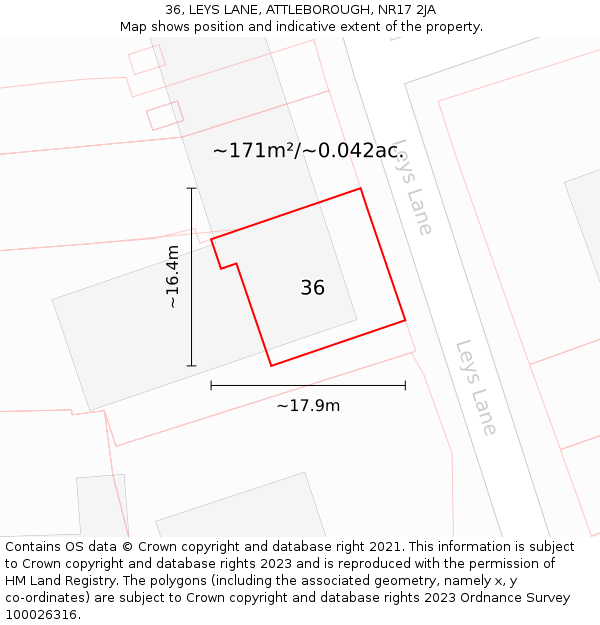 36, LEYS LANE, ATTLEBOROUGH, NR17 2JA: Plot and title map