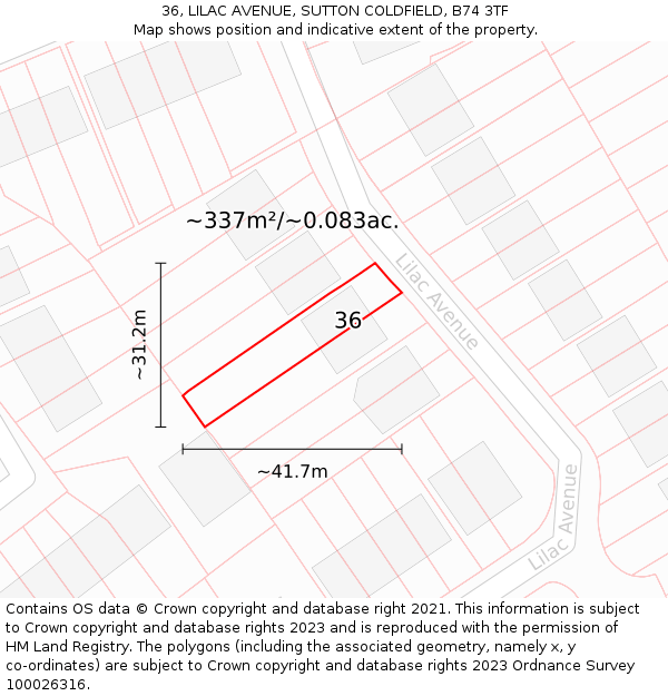 36, LILAC AVENUE, SUTTON COLDFIELD, B74 3TF: Plot and title map