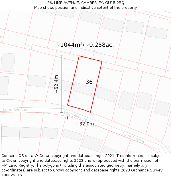 36, LIME AVENUE, CAMBERLEY, GU15 2BQ: Plot and title map