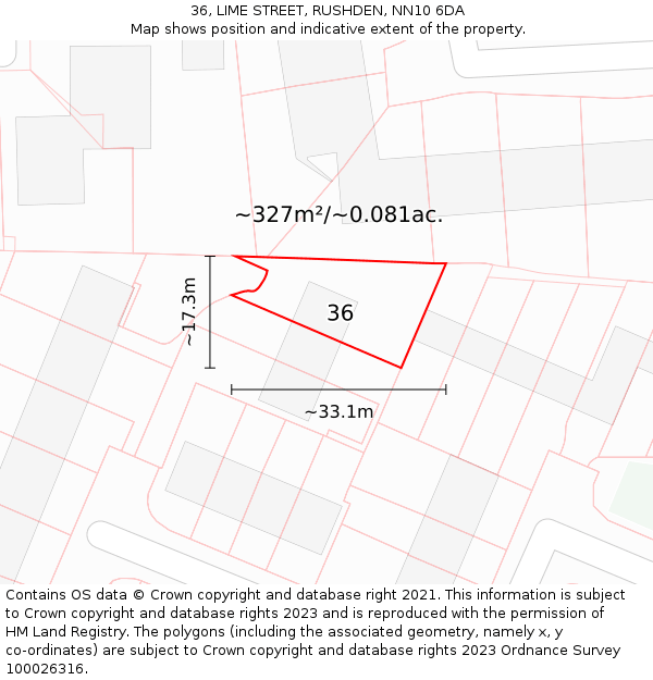 36, LIME STREET, RUSHDEN, NN10 6DA: Plot and title map
